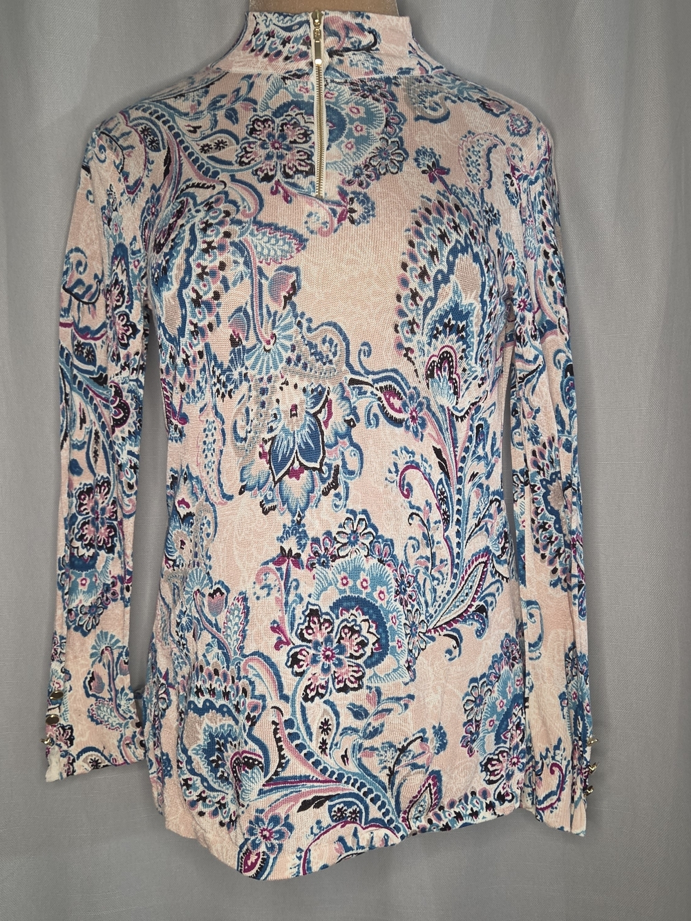 Chicos Women’s Pink Paisley Mock Neck Long-Sleeve Top Size Small